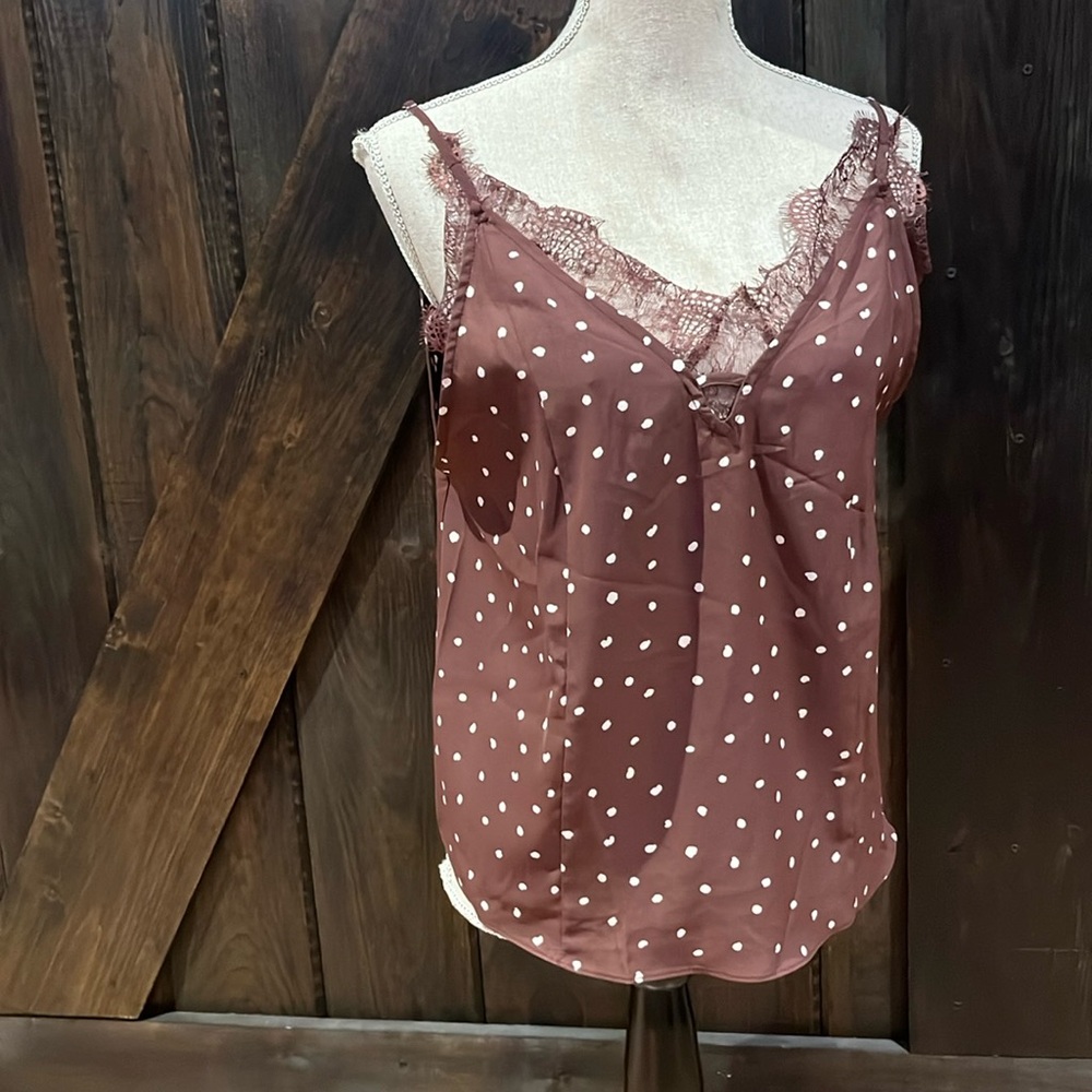 August Sky spotted lace finish adjustable strap flowy blouse top